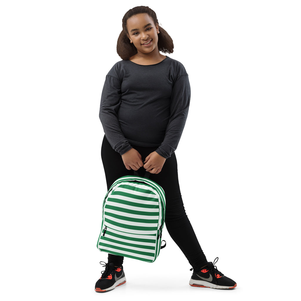 Kids Striped Green Christmas Backpack - Water-Resistant School Bag With Adjustable Padded Straps & Breathable Mesh Back