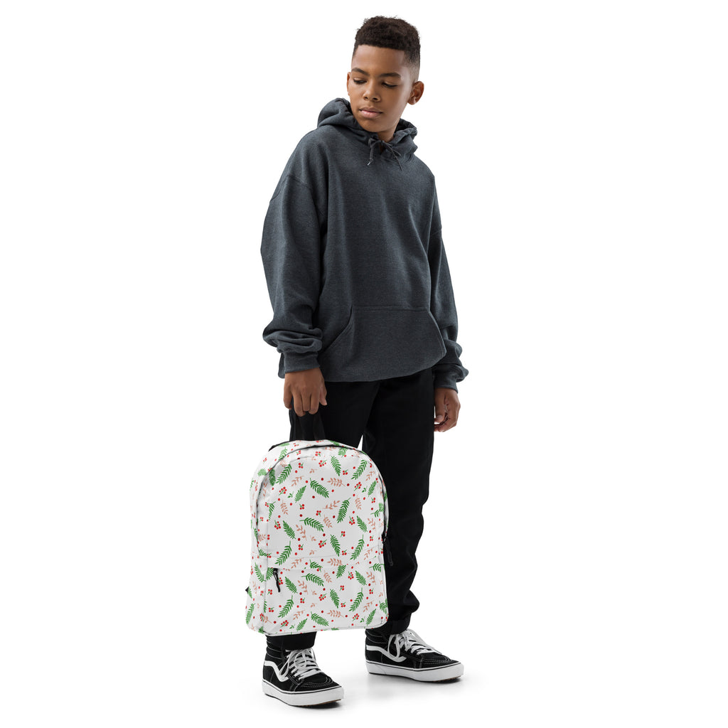 Kids Christmas Holly Leaves Backpack - Water-Resistant School Bag With Adjustable Padded Straps & Breathable Mesh Back