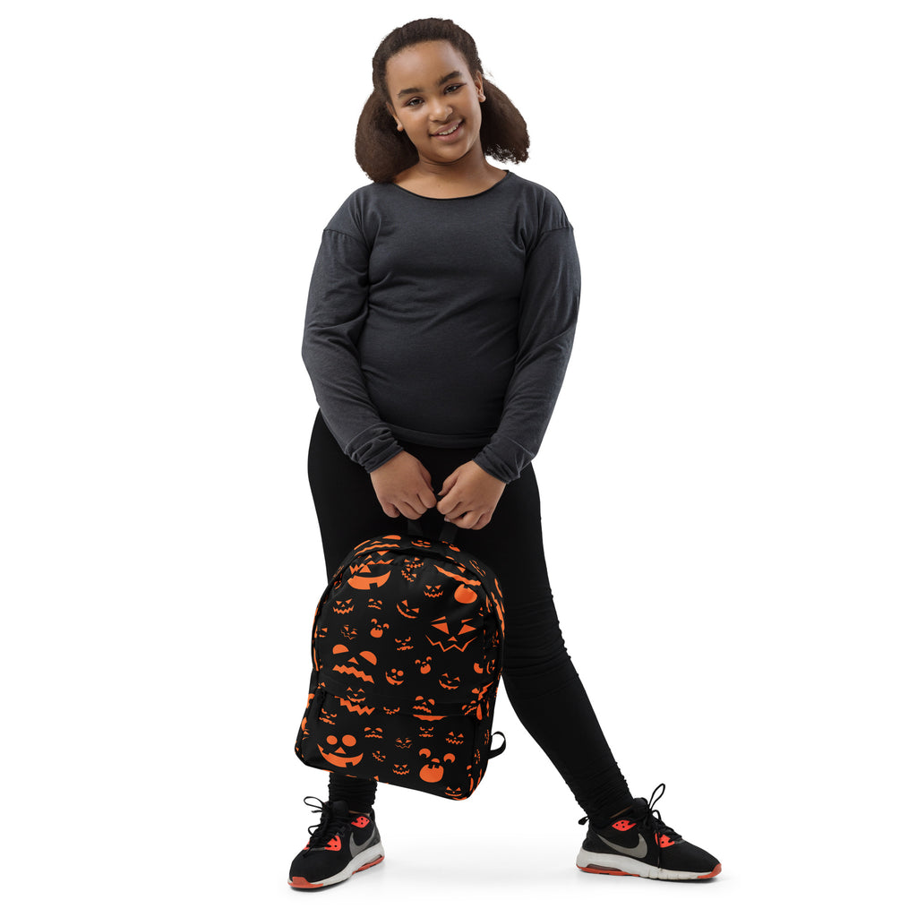 Kids Orange Jack-O’-Lantern Halloween Backpack - Water-Resistant School Bag With Adjustable Padded Straps & Breathable Mesh Back