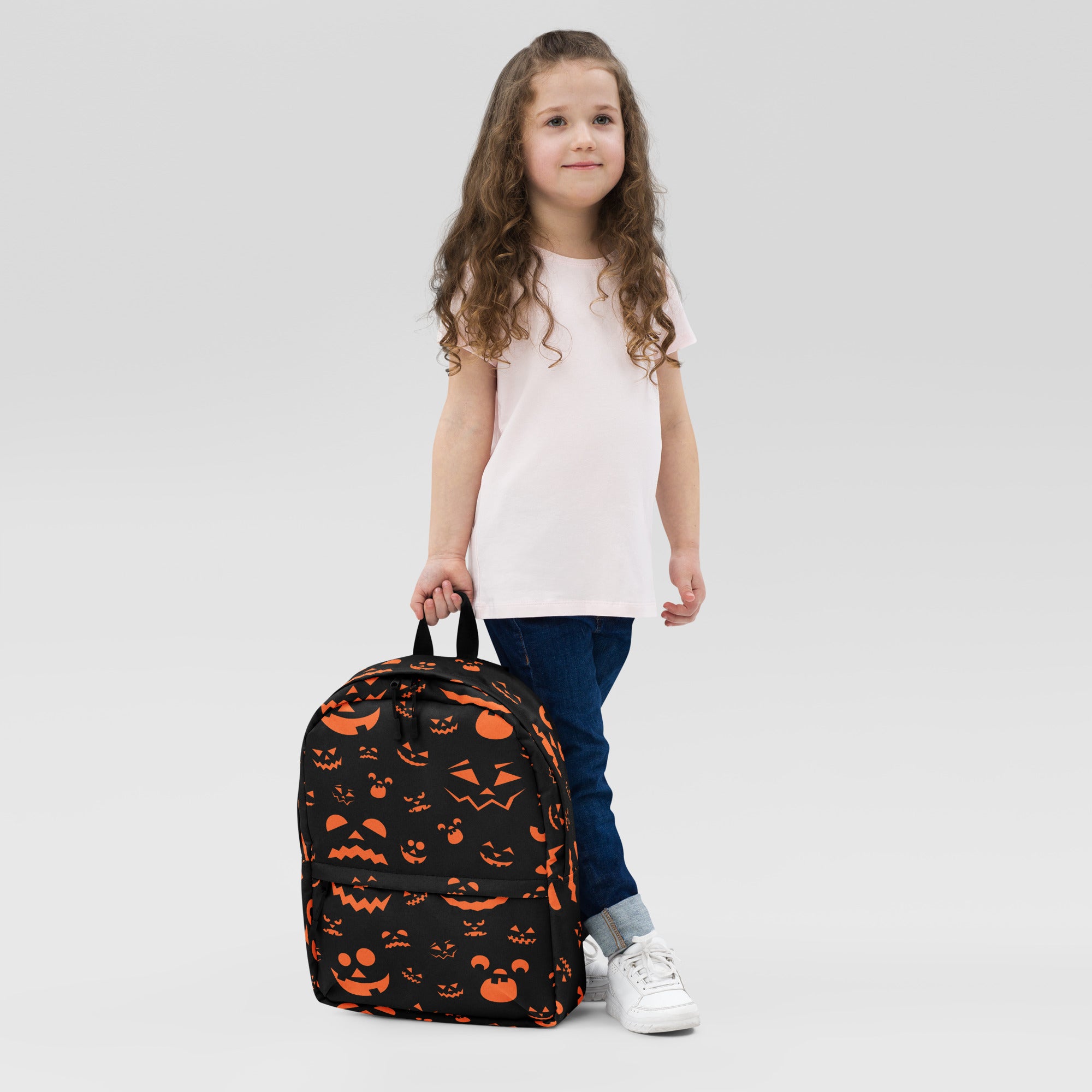 Kids Orange Jack-O’-Lantern Halloween Backpack - Water-Resistant School Bag With Adjustable Padded Straps & Breathable Mesh Back
