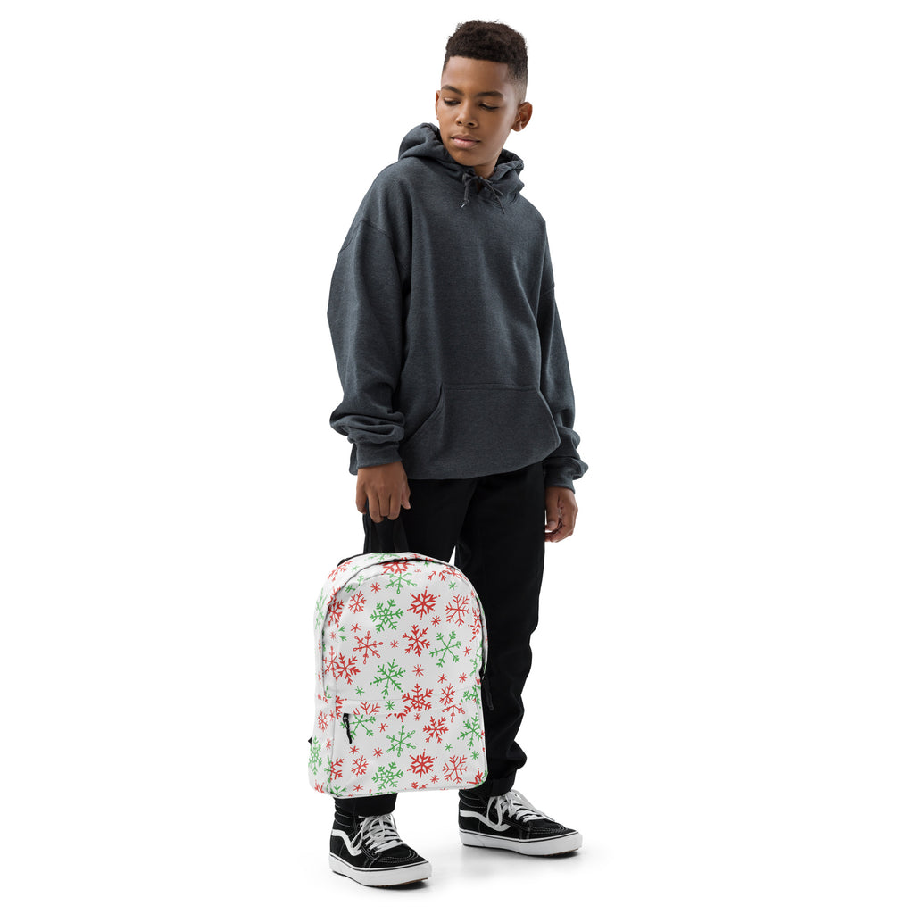 Kids Red and Green Holiday Snowflake Backpack - Water-Resistant School Bag With Adjustable Padded Straps & Breathable Mesh Back