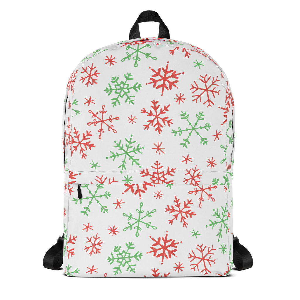Kids Red and Green Holiday Snowflake Backpack - Water-Resistant School Bag With Adjustable Padded Straps & Breathable Mesh Back