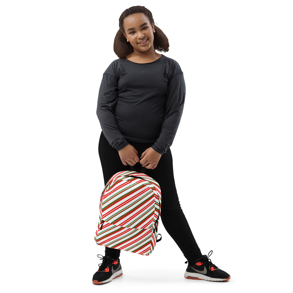 Kids Striped Peppermint Candy Cane Backpack - Water-Resistant School Bag With Adjustable Padded Straps & Breathable Mesh Back