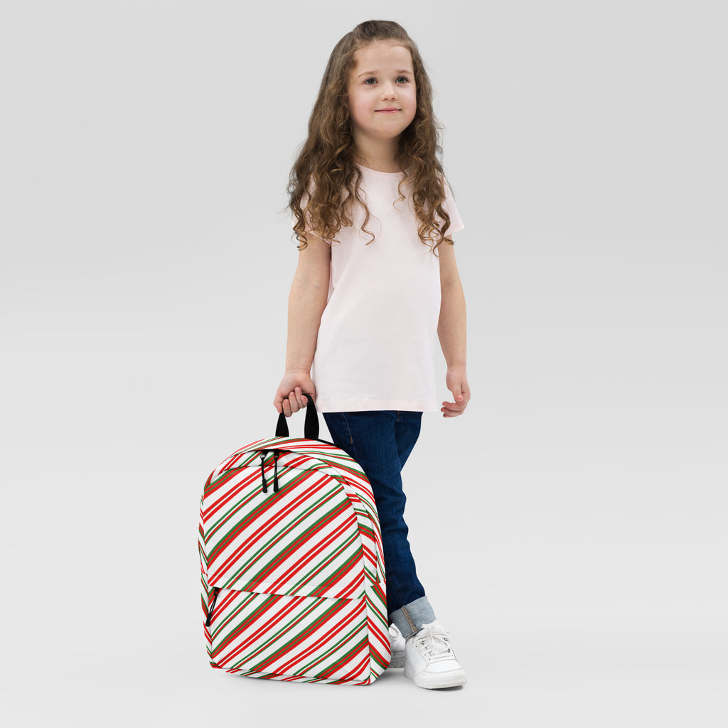Kids Striped Peppermint Candy Cane Backpack - Water-Resistant School Bag With Adjustable Padded Straps & Breathable Mesh Back