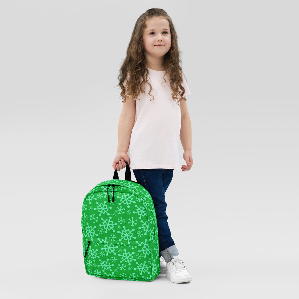 Kids Green Snowflake Backpack - Water-Resistant School Bag With Adjustable Padded Straps & Breathable Mesh Back