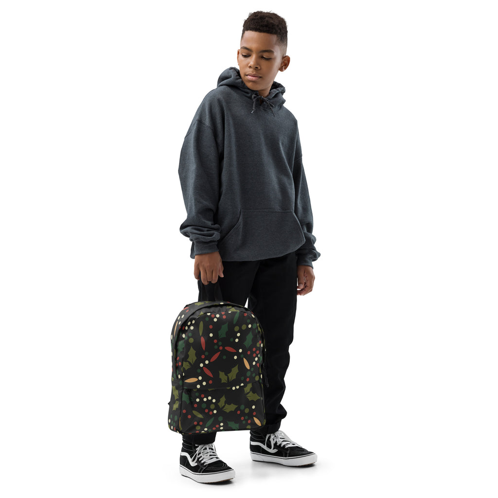 Kids Festive Christmas Holly Backpack - Water-Resistant School Bag With Adjustable Padded Straps & Breathable Mesh Back