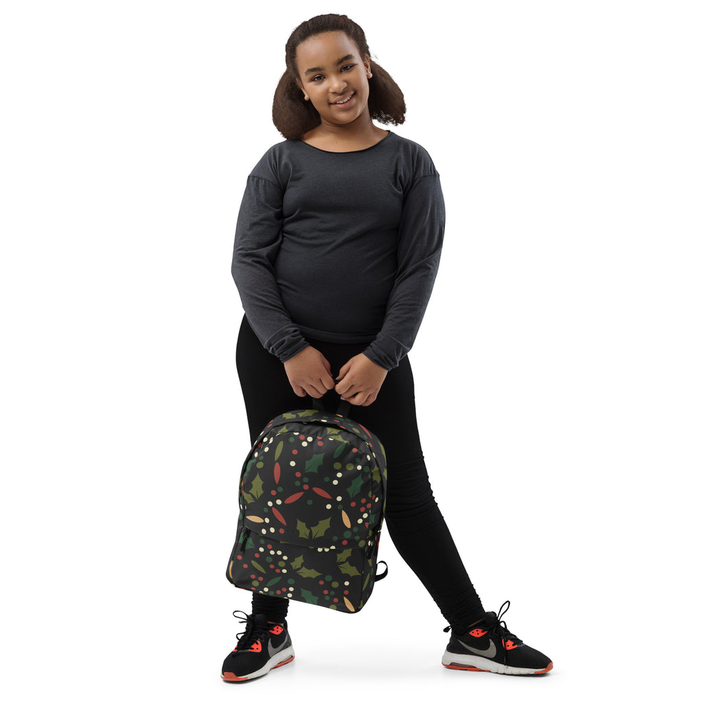 Kids Festive Christmas Holly Backpack - Water-Resistant School Bag With Adjustable Padded Straps & Breathable Mesh Back