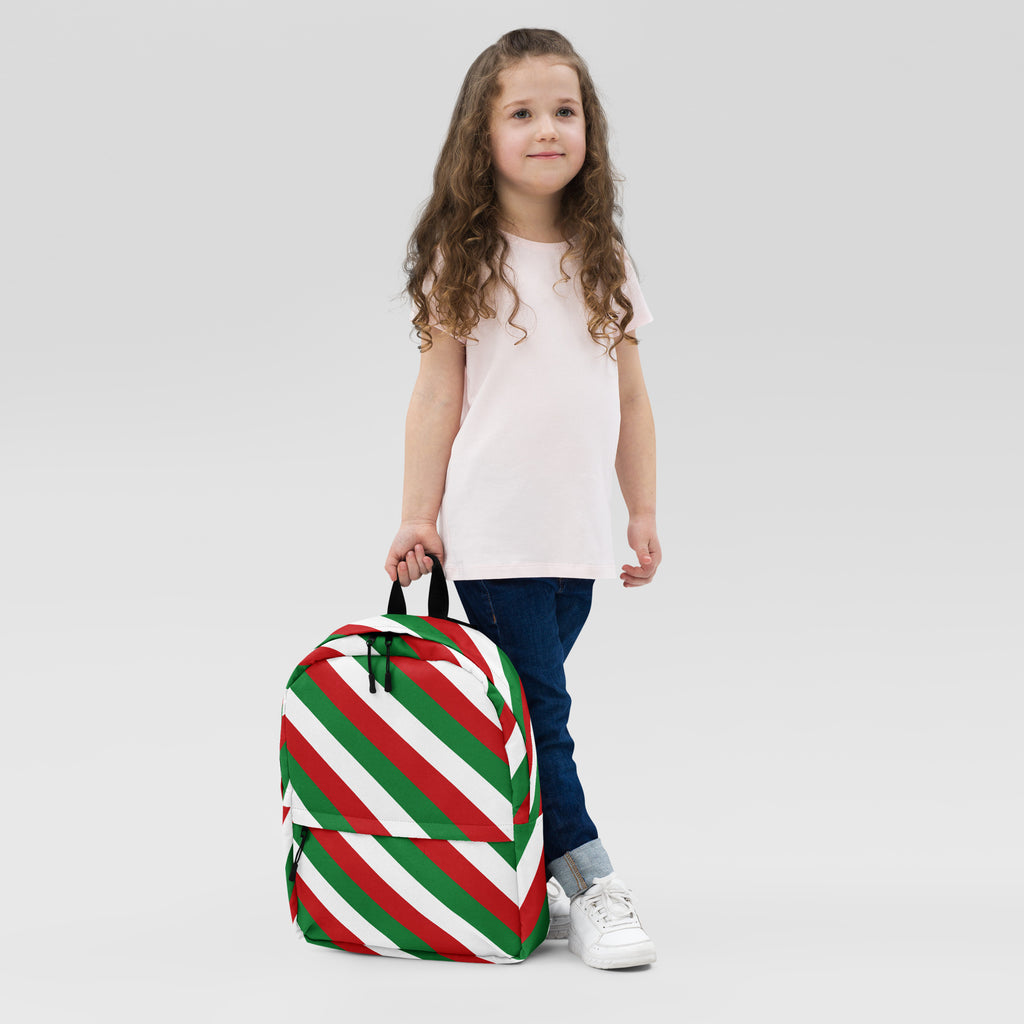 Kids Christmas Candy Cane Stripe Backpack - Water-Resistant School Bag With Adjustable Padded Straps & Breathable Mesh Back