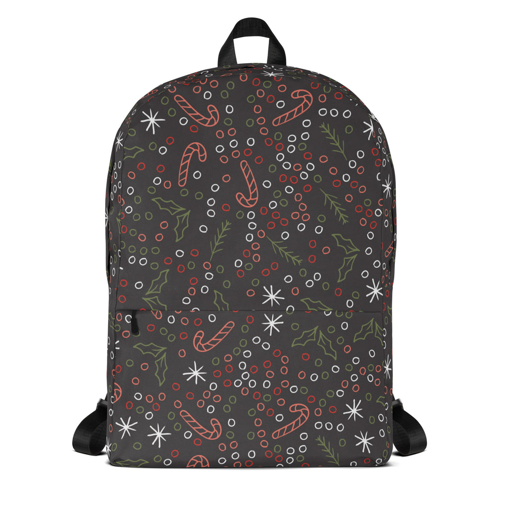 Kids Candy Cane Holly Christmas Backpack - Water-Resistant School Bag With Adjustable Padded Straps & Breathable Mesh Back