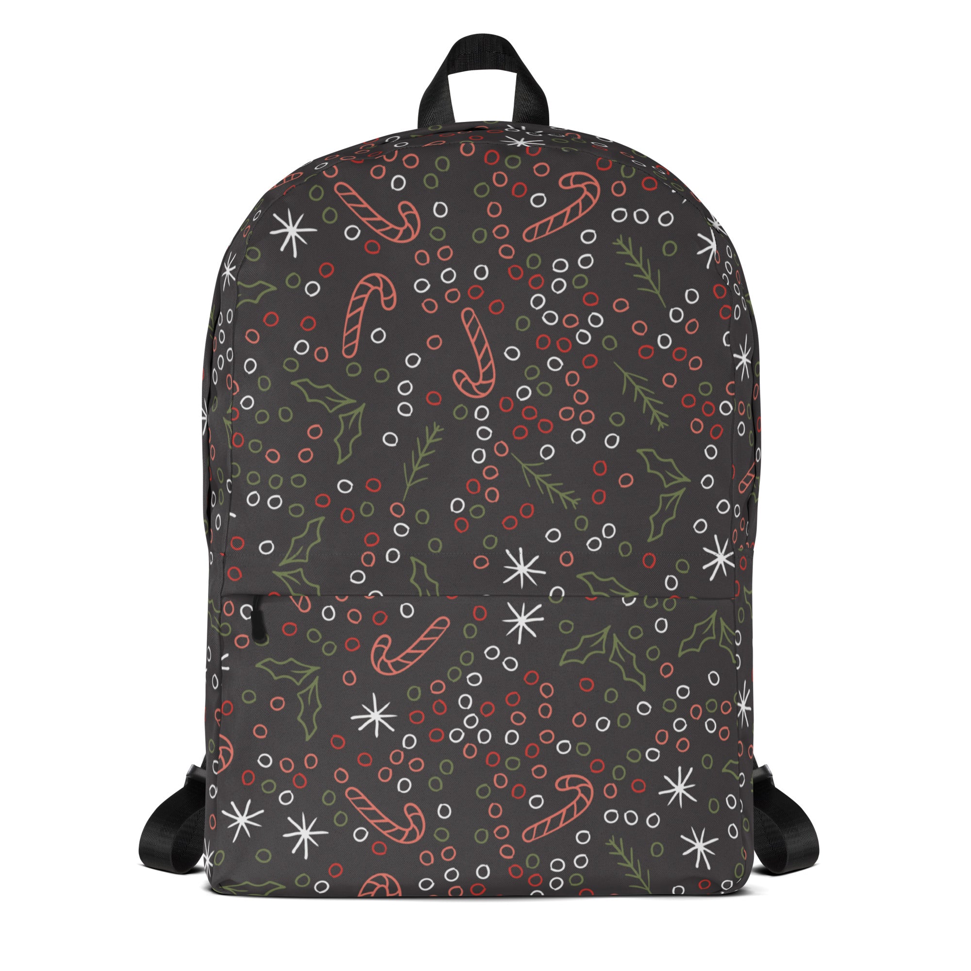 Kids Candy Cane Holly Christmas Backpack - Water-Resistant School Bag With Adjustable Padded Straps & Breathable Mesh Back