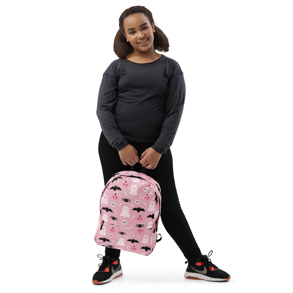 Girls Cute Ghost And Bats Pink Halloween Backpack - Water-Resistant School Bag With Adjustable Padded Straps & Breathable Mesh Back