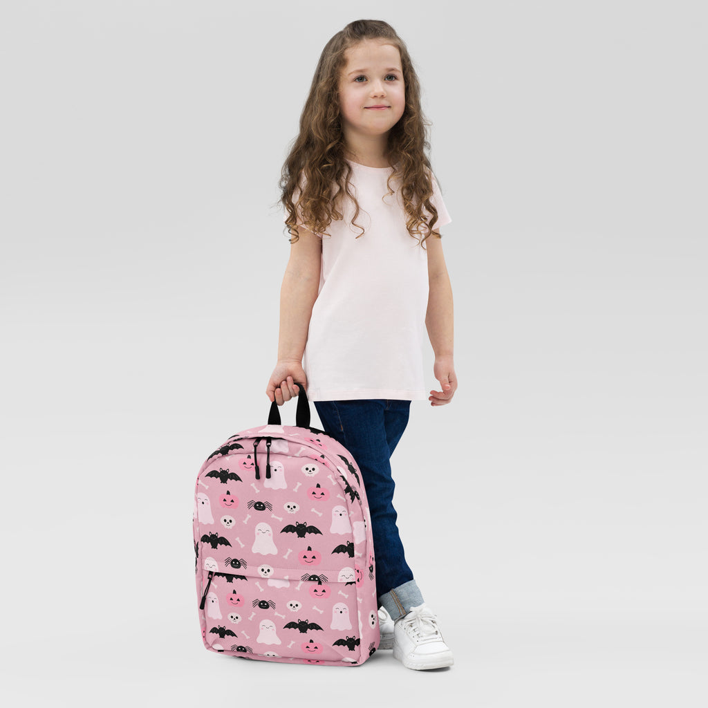 Girls Cute Ghost And Bats Pink Halloween Backpack - Water-Resistant School Bag With Adjustable Padded Straps & Breathable Mesh Back