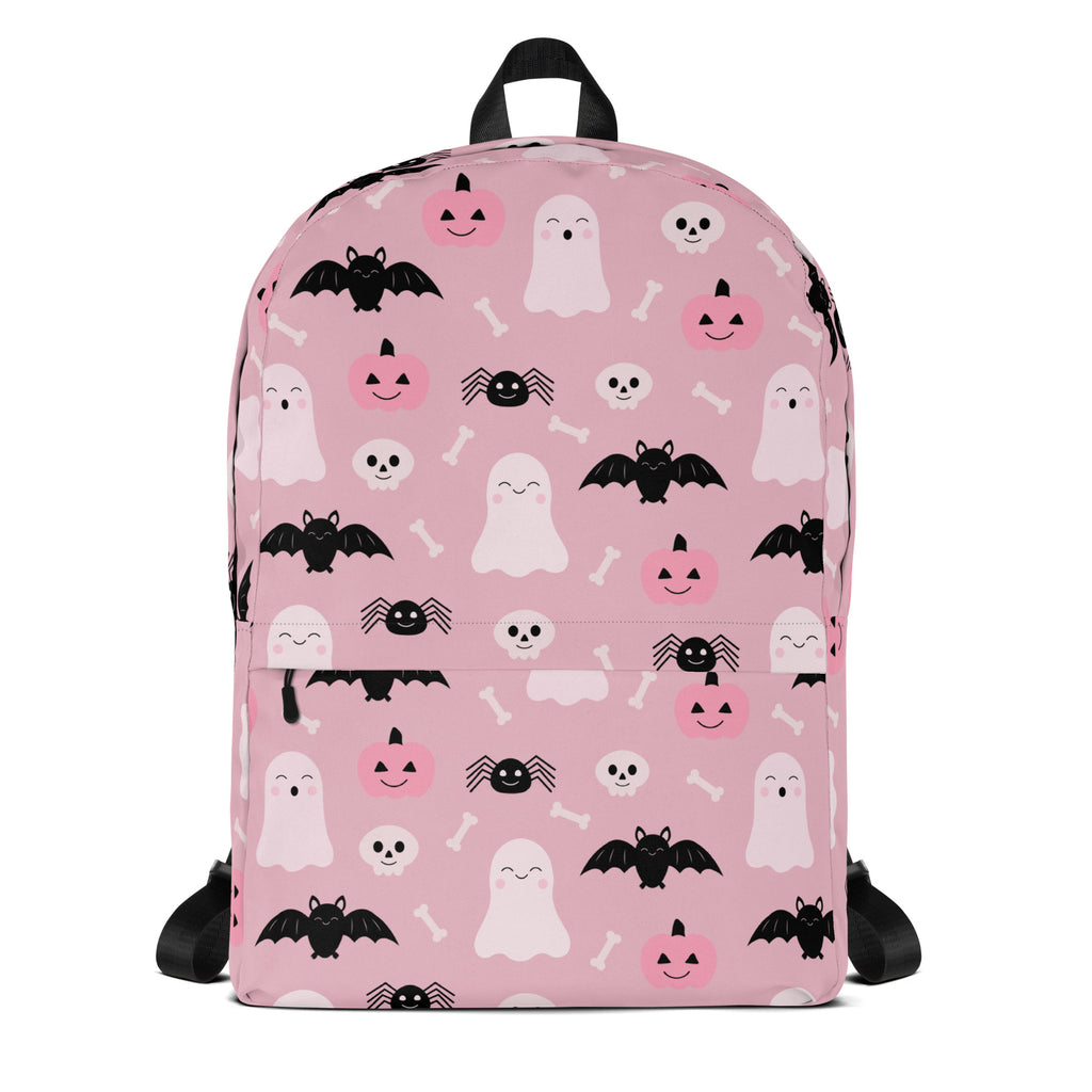 Girls Cute Ghost And Bats Pink Halloween Backpack - Water-Resistant School Bag With Adjustable Padded Straps & Breathable Mesh Back
