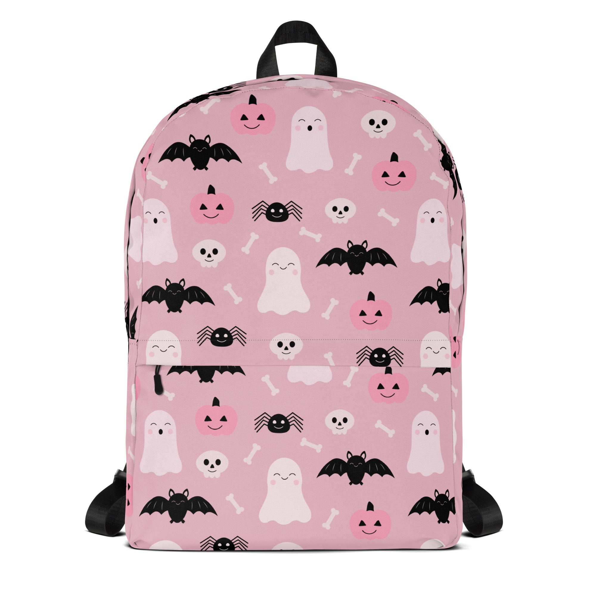 Girls Cute Ghost And Bats Pink Halloween Backpack - Water-Resistant School Bag With Adjustable Padded Straps & Breathable Mesh Back