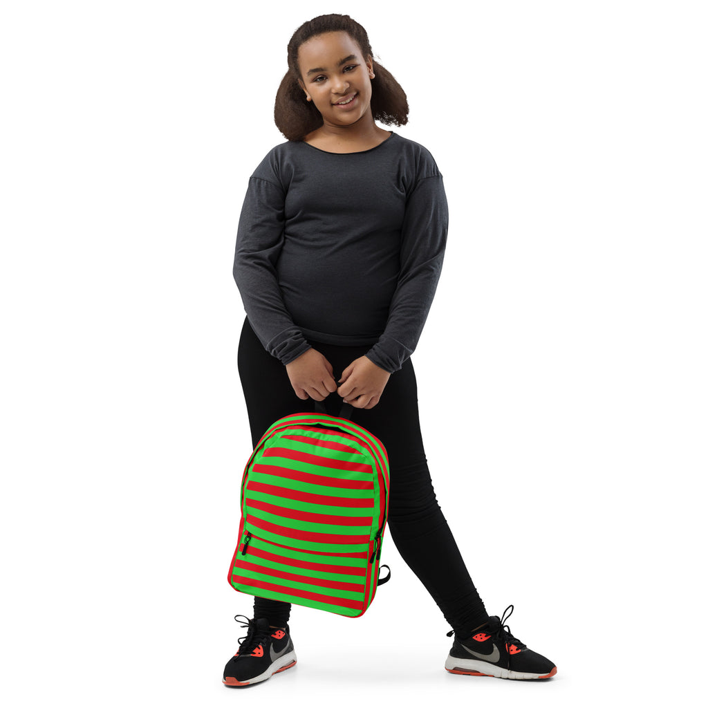 Kids Striped Red & Green Christmas Backpack - Water-Resistant School Bag With Adjustable Padded Straps & Breathable Mesh Back