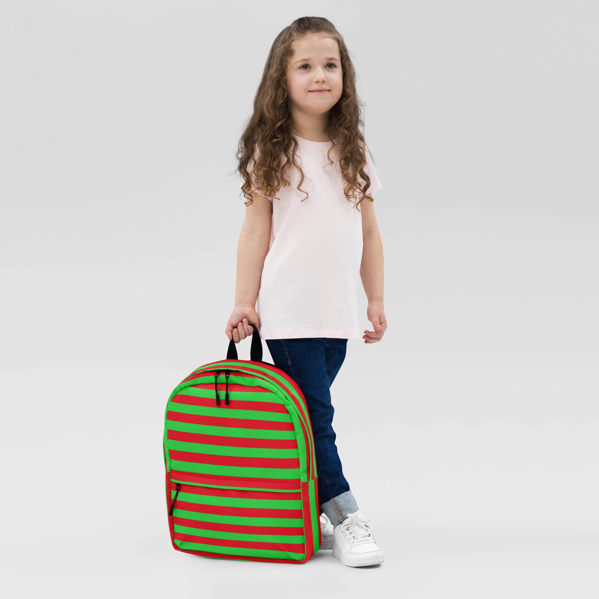Kids Striped Red & Green Christmas Backpack - Water-Resistant School Bag With Adjustable Padded Straps & Breathable Mesh Back