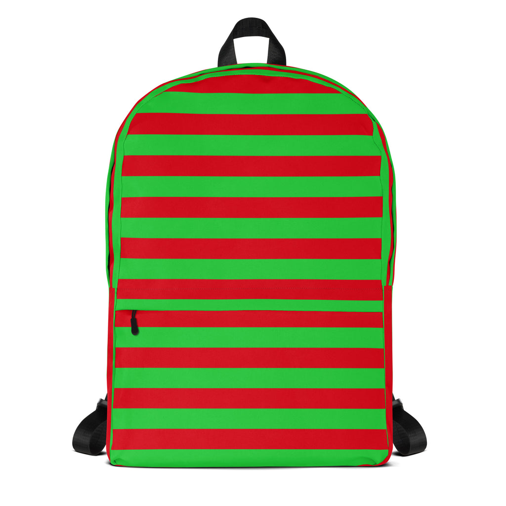 Kids Striped Red & Green Christmas Backpack - Water-Resistant School Bag With Adjustable Padded Straps & Breathable Mesh Back