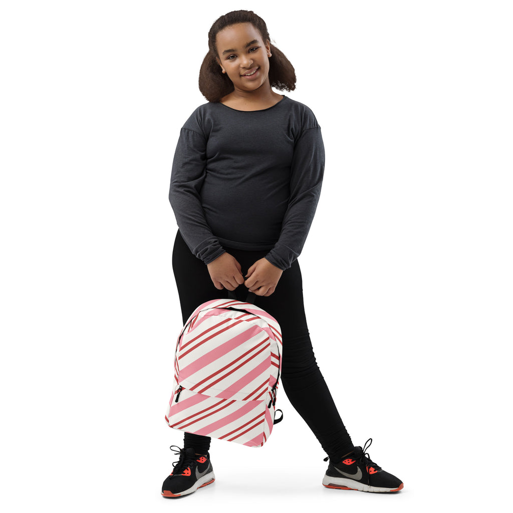 Girls Pink Candy Cane Stripes Christmas Backpack - Water-Resistant School Bag With Adjustable Padded Straps & Breathable Mesh Back