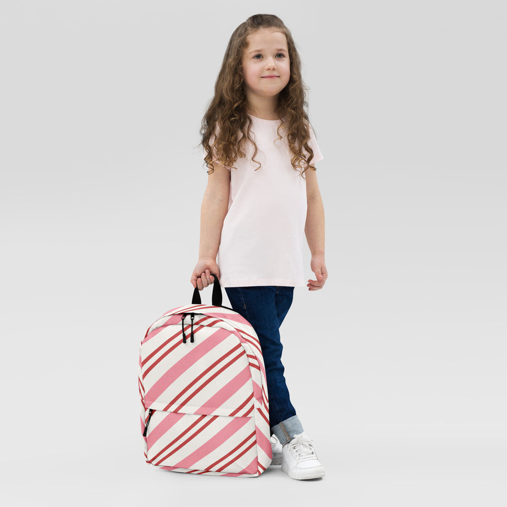 Girls Pink Candy Cane Stripes Christmas Backpack - Water-Resistant School Bag With Adjustable Padded Straps & Breathable Mesh Back