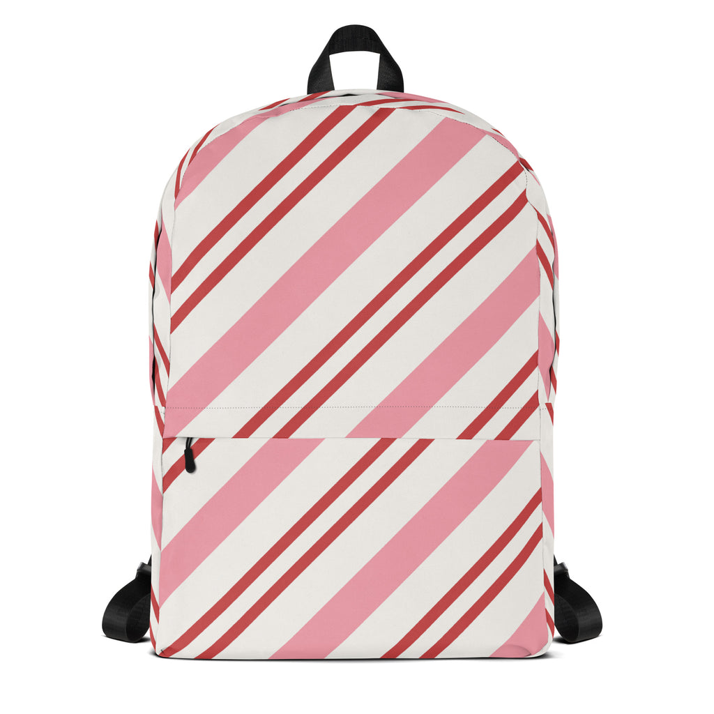 Girls Pink Candy Cane Stripes Christmas Backpack - Water-Resistant School Bag With Adjustable Padded Straps & Breathable Mesh Back