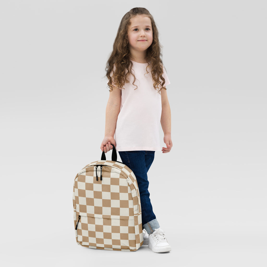Kids Neutral Checkerboard Backpack - Water-Resistant School Bag With Adjustable Padded Straps & Breathable Mesh Back