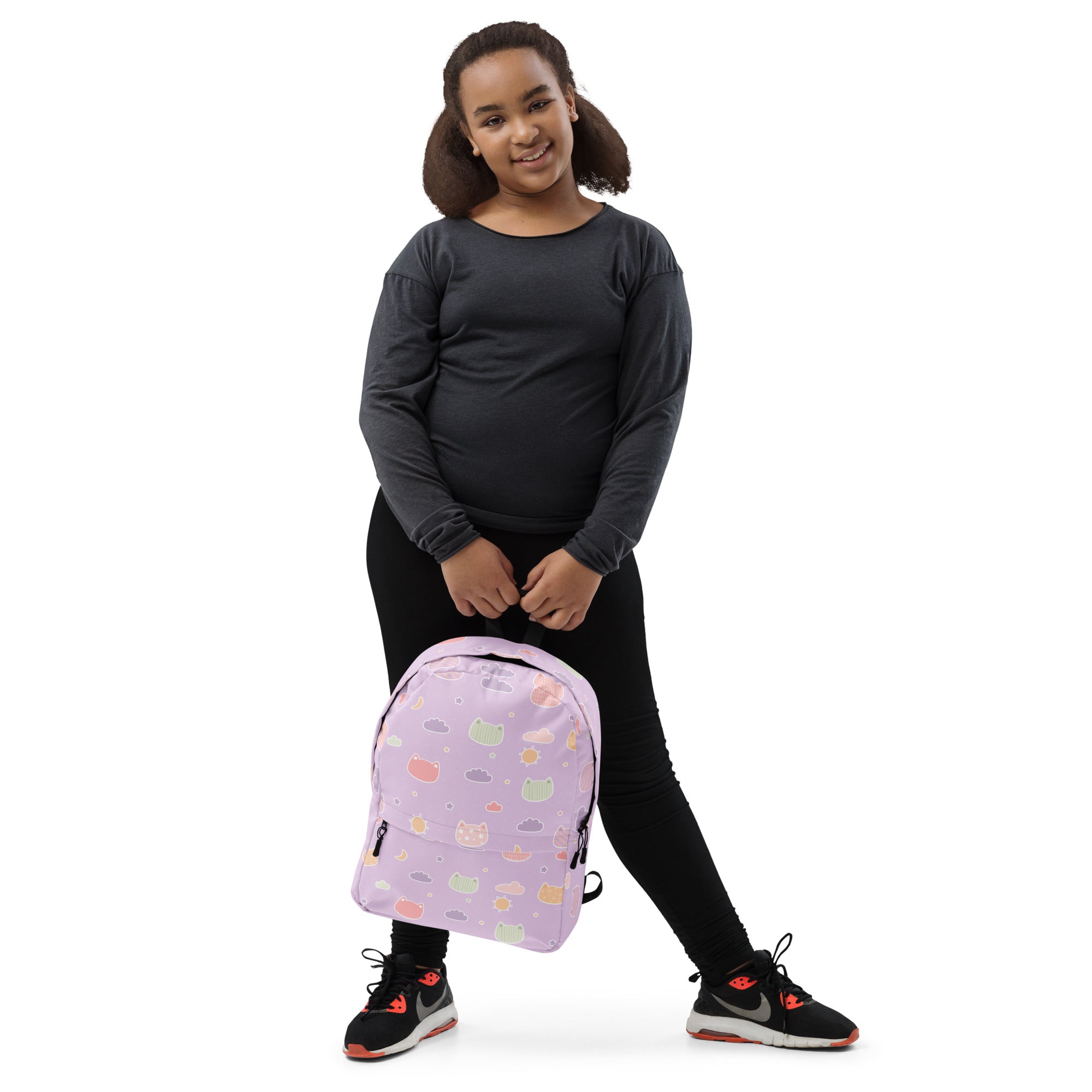 Girls Pastel Purple Kawaii Cats & Clouds Backpack - Water-Resistant School Bag With Adjustable Padded Straps & Breathable Mesh Back