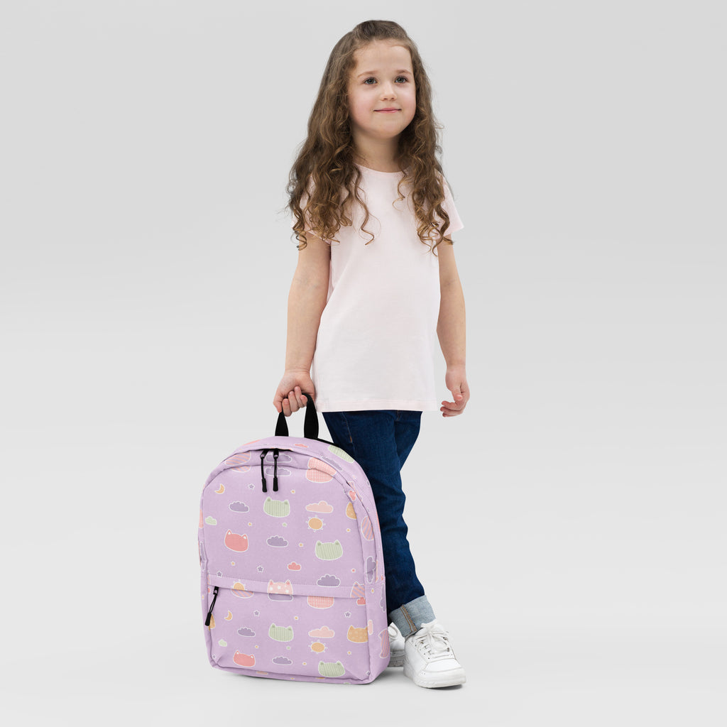 Girls Pastel Purple Kawaii Cats & Clouds Backpack - Water-Resistant School Bag With Adjustable Padded Straps & Breathable Mesh Back
