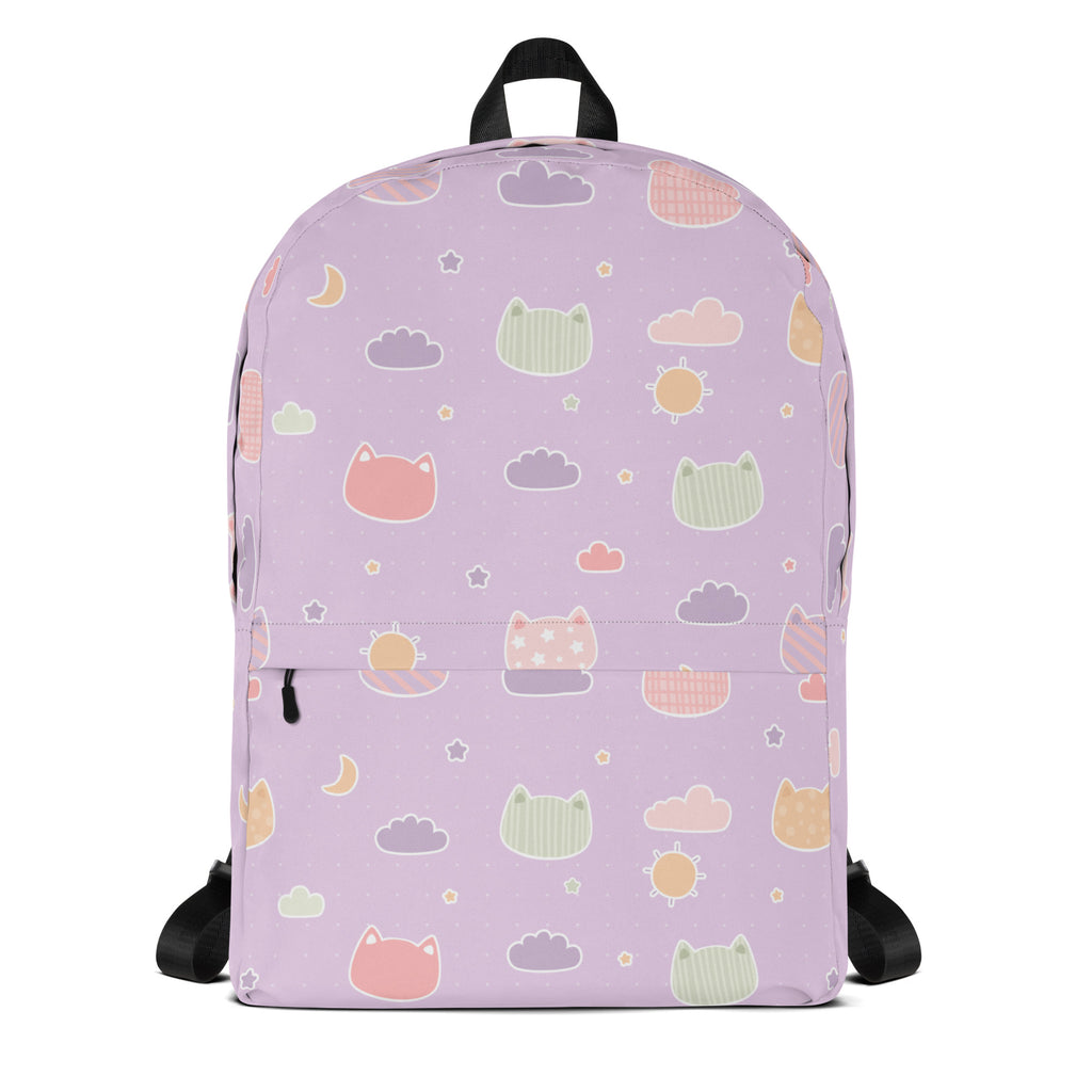 Girls Pastel Purple Kawaii Cats & Clouds Backpack - Water-Resistant School Bag With Adjustable Padded Straps & Breathable Mesh Back