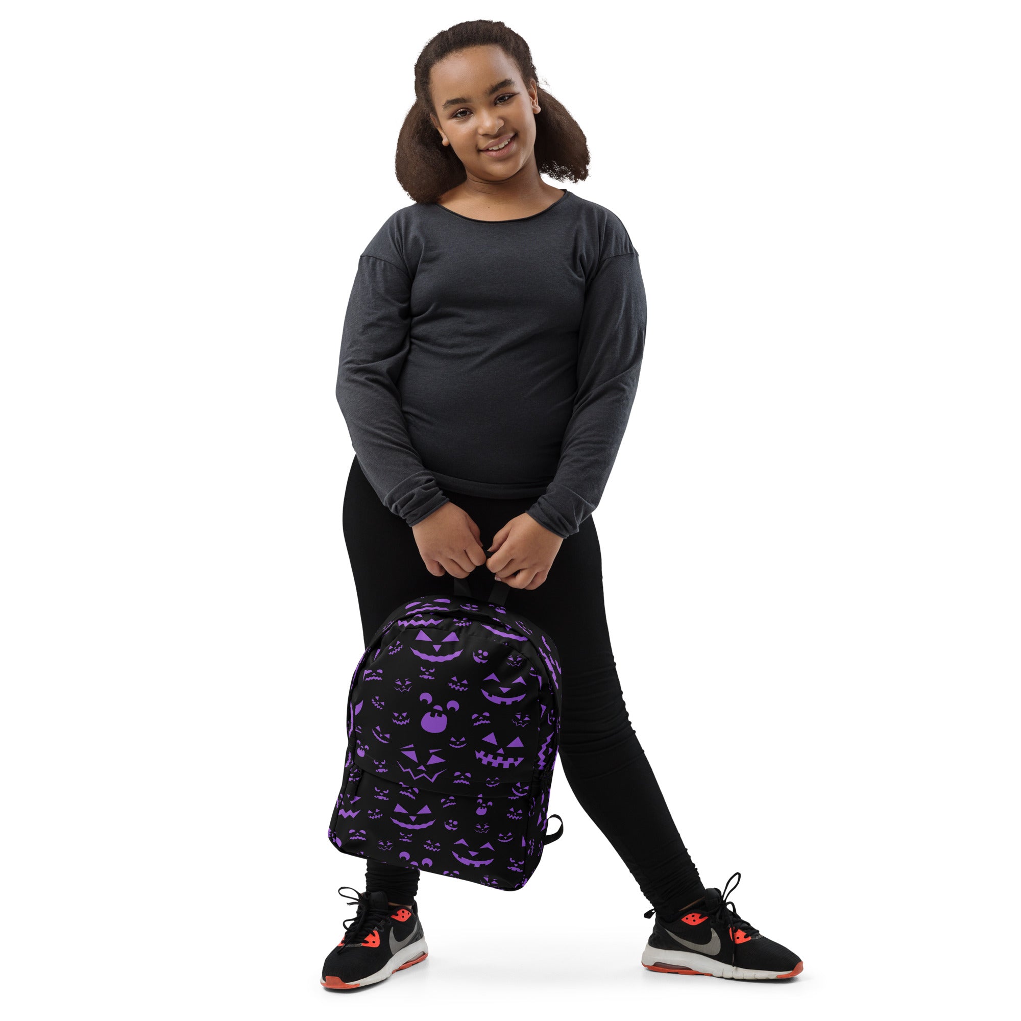 Kids Purple Jack-O’-Lantern Halloween Backpack - Water-Resistant School Bag With Adjustable Padded Straps & Breathable Mesh Back