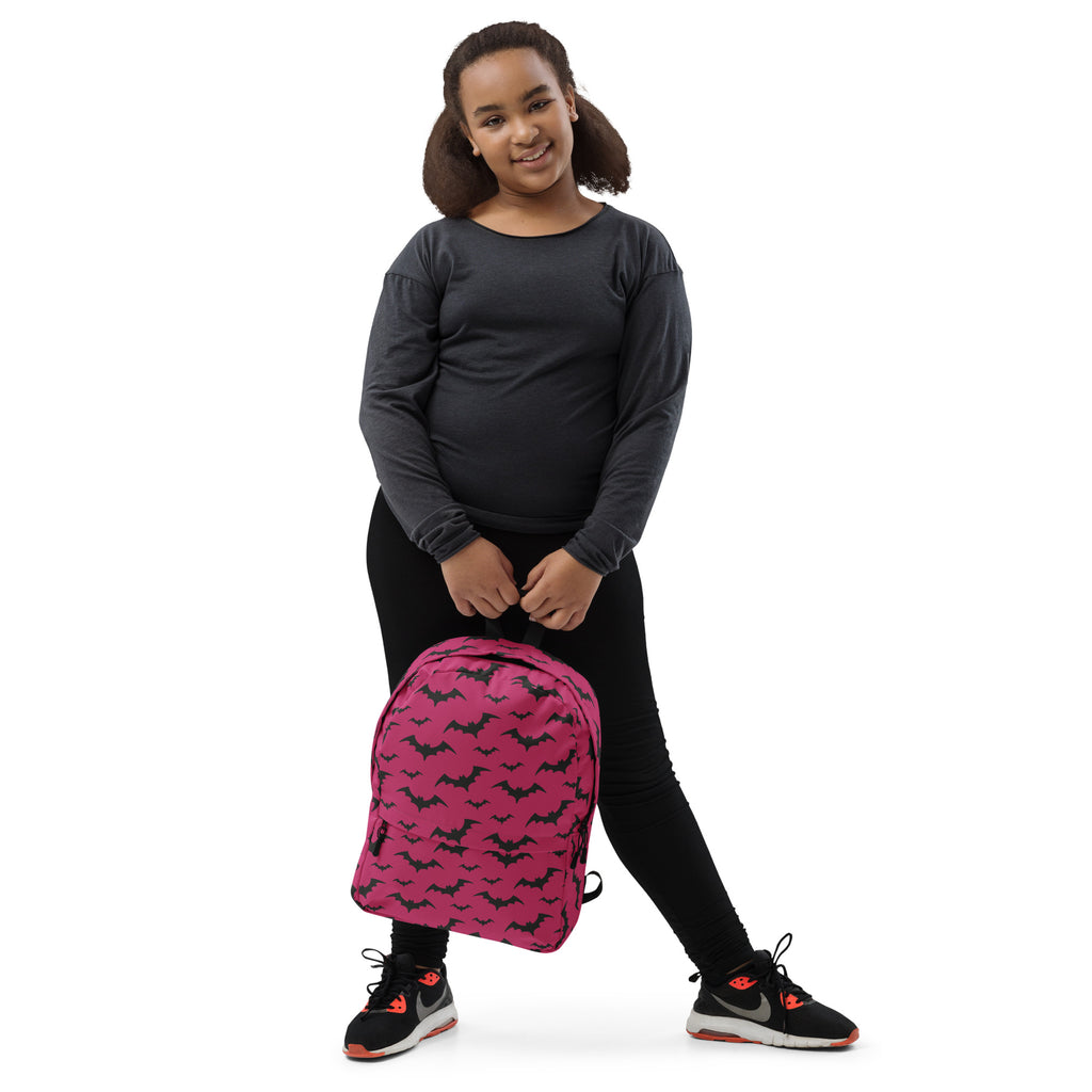 Girls Dark Pink Bats Backpack - Water-Resistant School Bag With Adjustable Padded Straps & Breathable Mesh Back