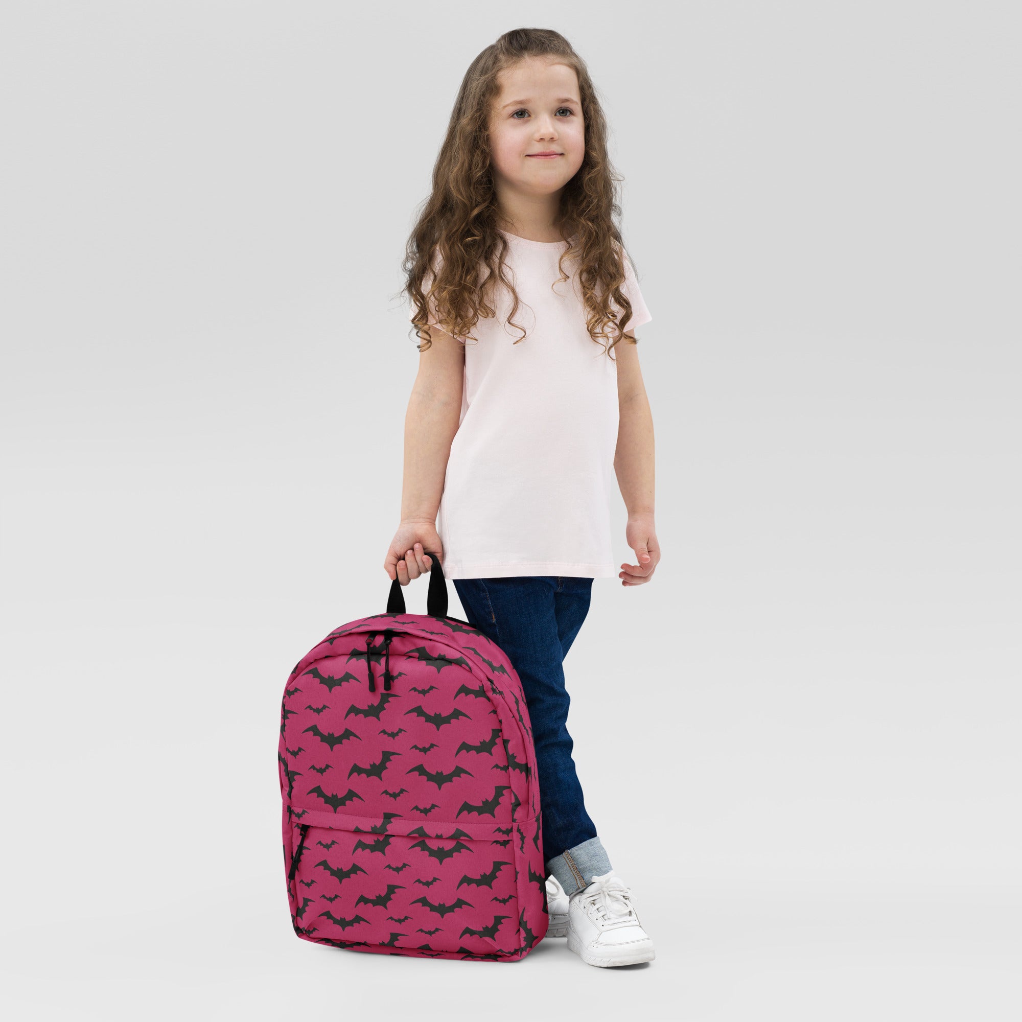 Girls Dark Pink Bats Backpack - Water-Resistant School Bag With Adjustable Padded Straps & Breathable Mesh Back