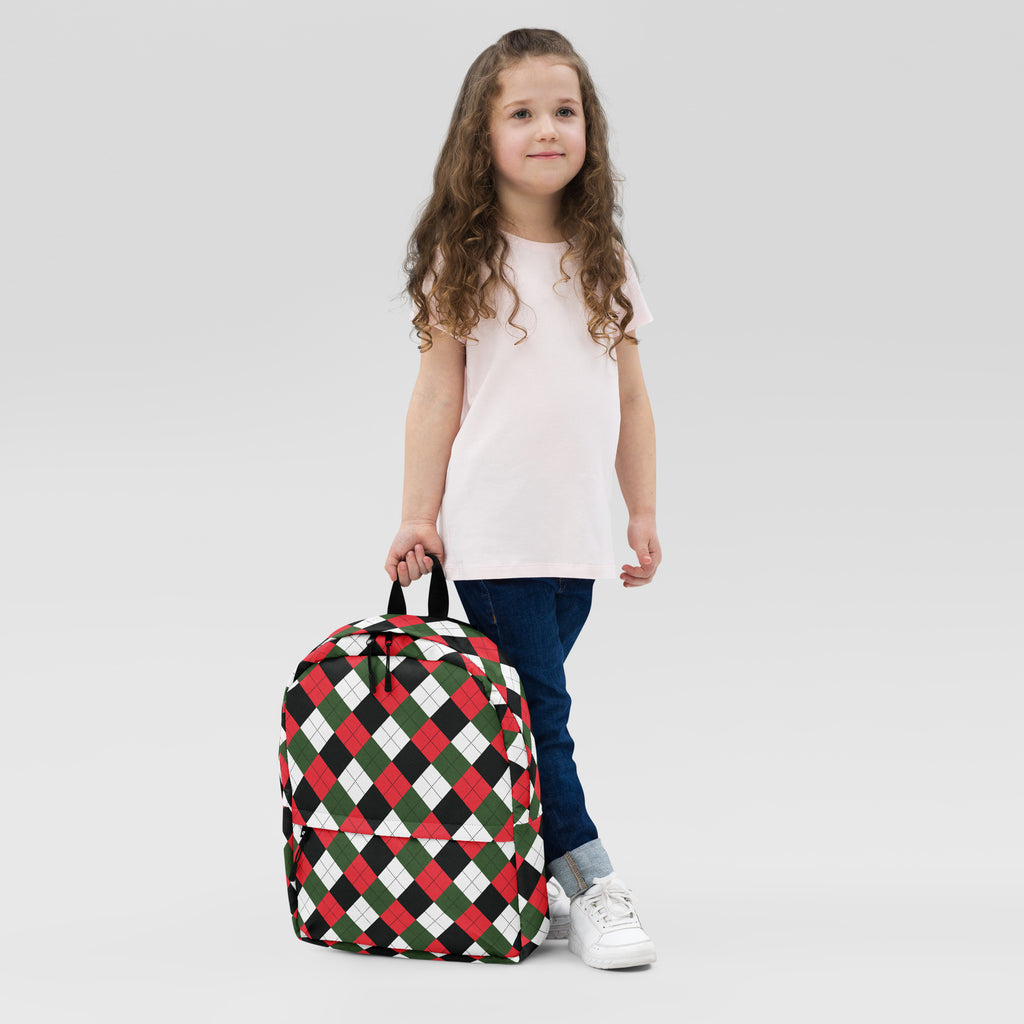 Kids Christmas Argyle Backpack - Water-Resistant School Bag With Adjustable Padded Straps & Breathable Mesh Back