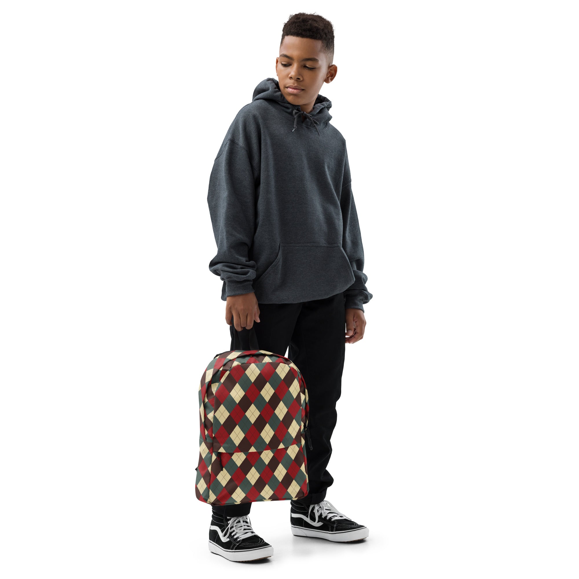 Kids Rustic Argyle Christmas Backpack - Water-Resistant School Bag With Adjustable Padded Straps & Breathable Mesh Back