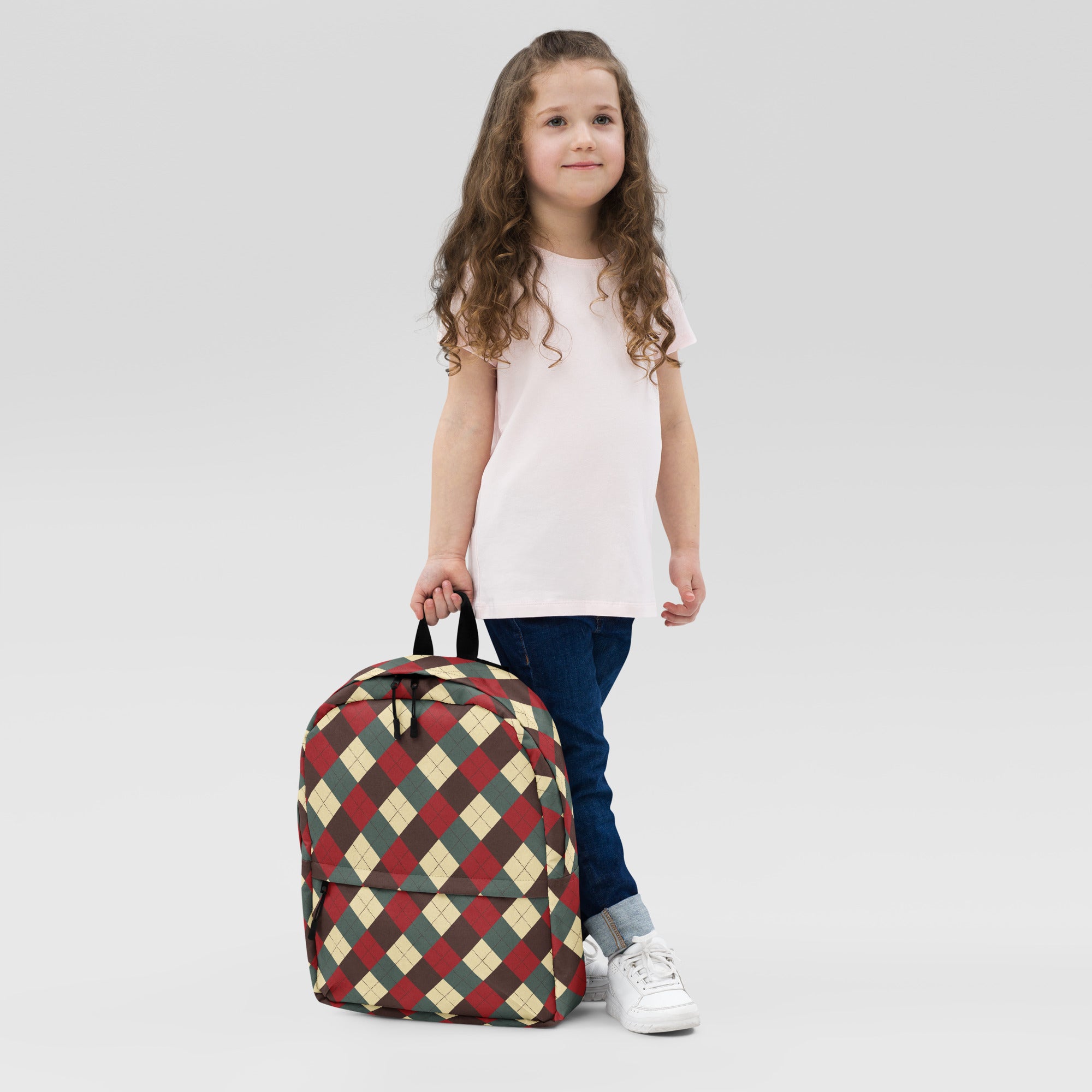 Kids Rustic Argyle Christmas Backpack - Water-Resistant School Bag With Adjustable Padded Straps & Breathable Mesh Back