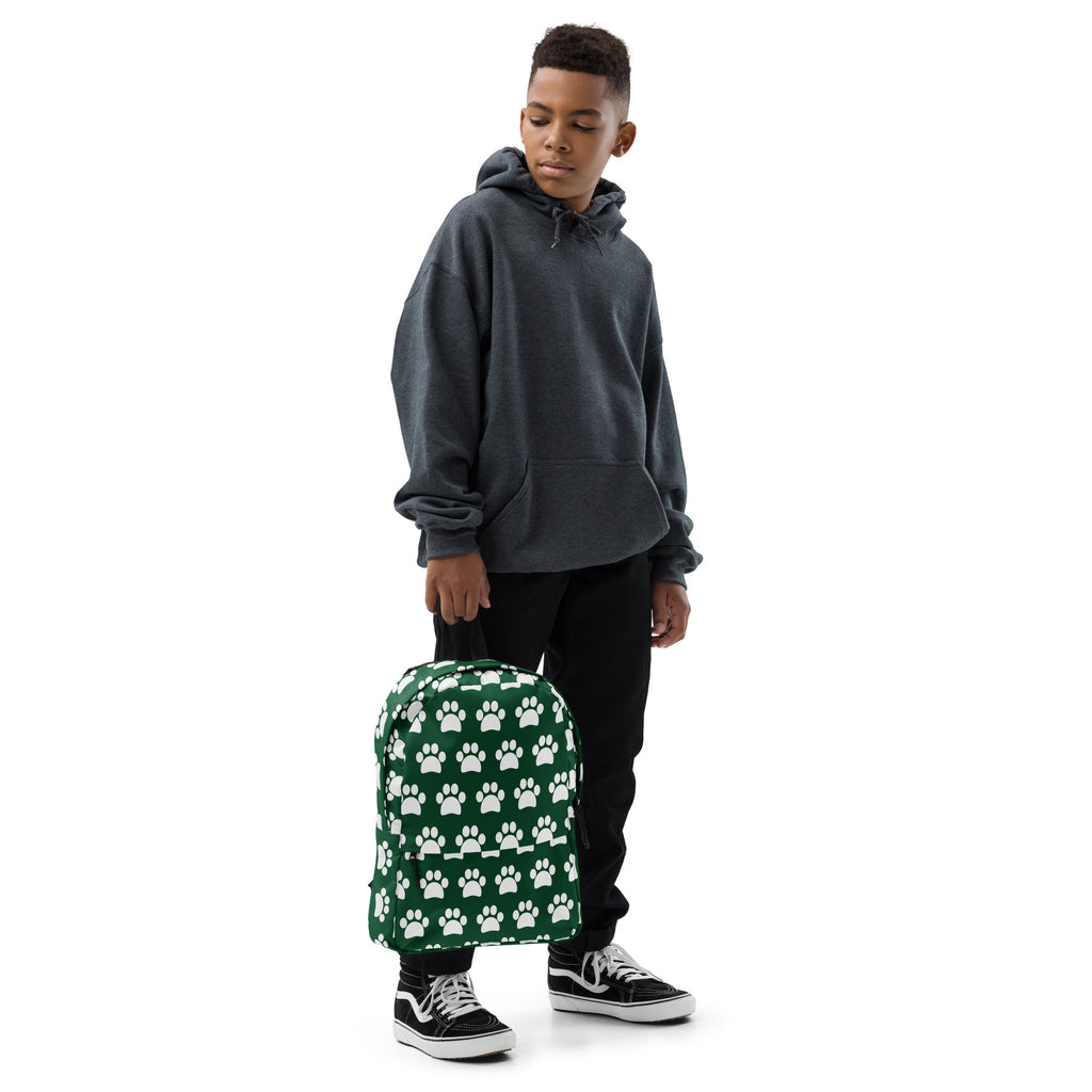 Kids Forest Green Paw Print Backpack - Water-Resistant School Bag With Adjustable Padded Straps & Breathable Mesh Back