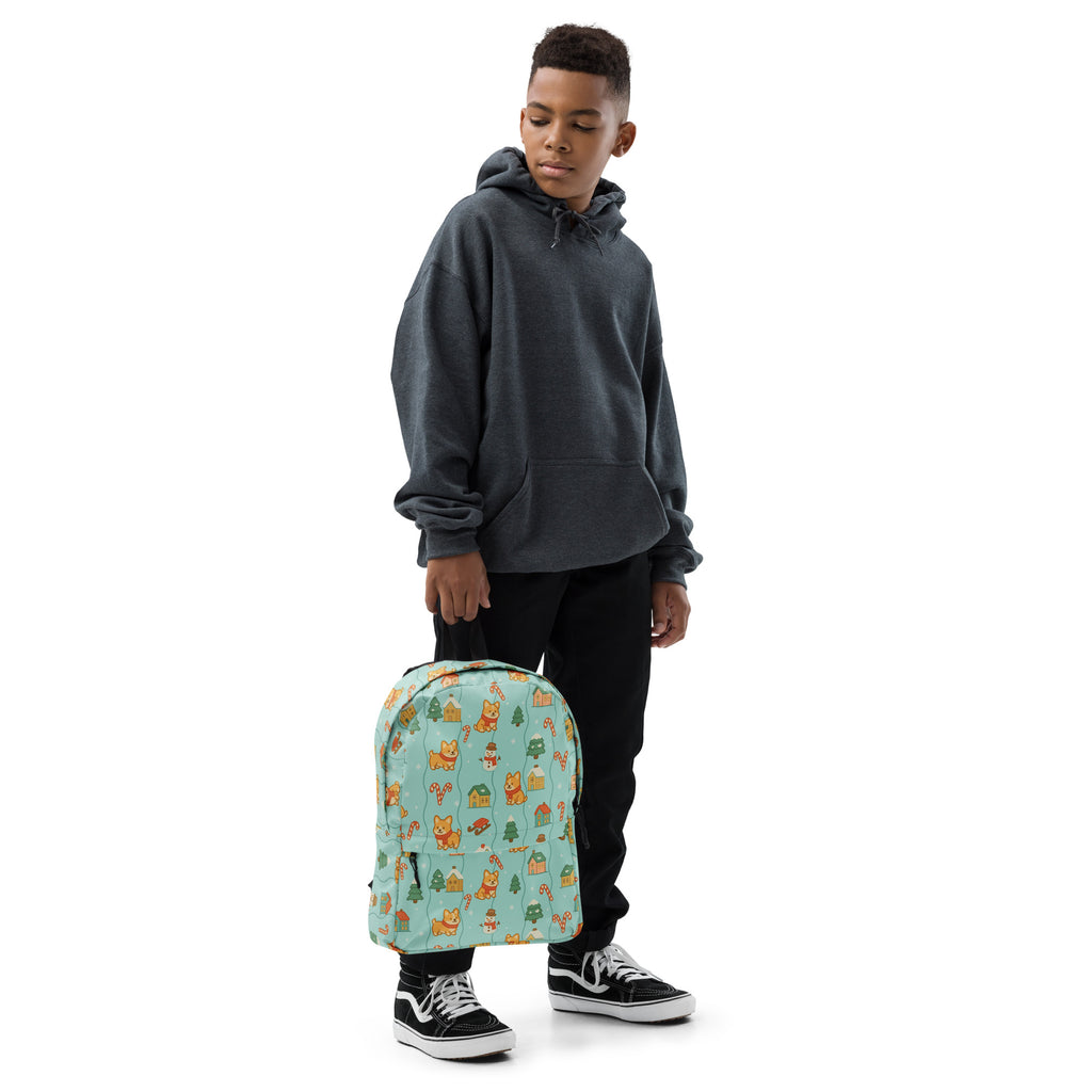 Kids Corgi Winter Winderland Backpack - Water-Resistant School Bag With Adjustable Padded Straps & Breathable Mesh Back