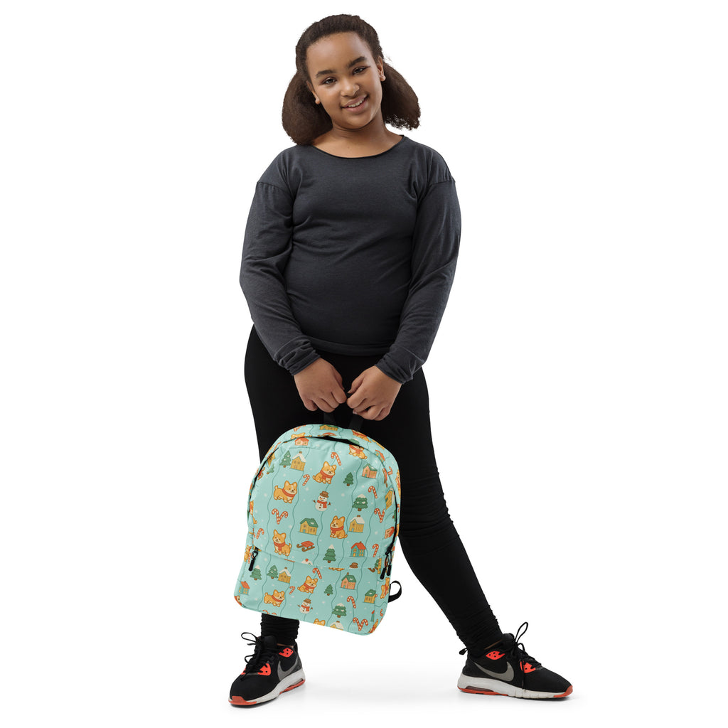Kids Corgi Winter Winderland Backpack - Water-Resistant School Bag With Adjustable Padded Straps & Breathable Mesh Back