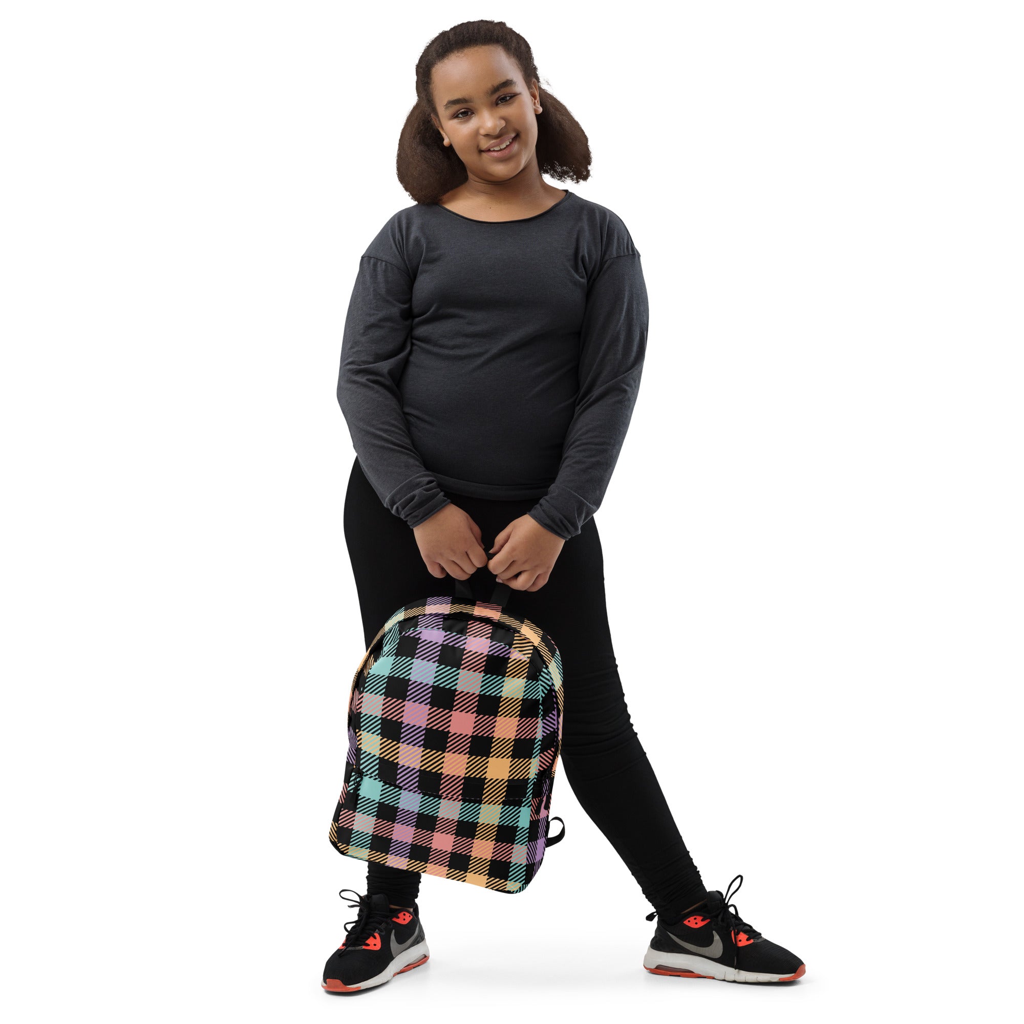 Girls Pastel Rainbow Plaid Backpack - Water-Resistant School Bag With Adjustable Padded Straps & Breathable Mesh Back
