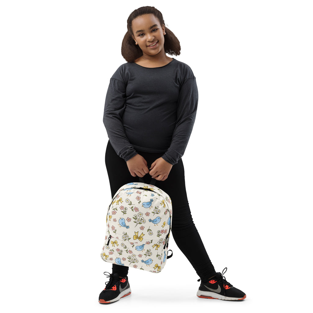 Girls Blue Bird Floral Backpack - Water-Resistant School Bag With Adjustable Padded Straps & Breathable Mesh Back