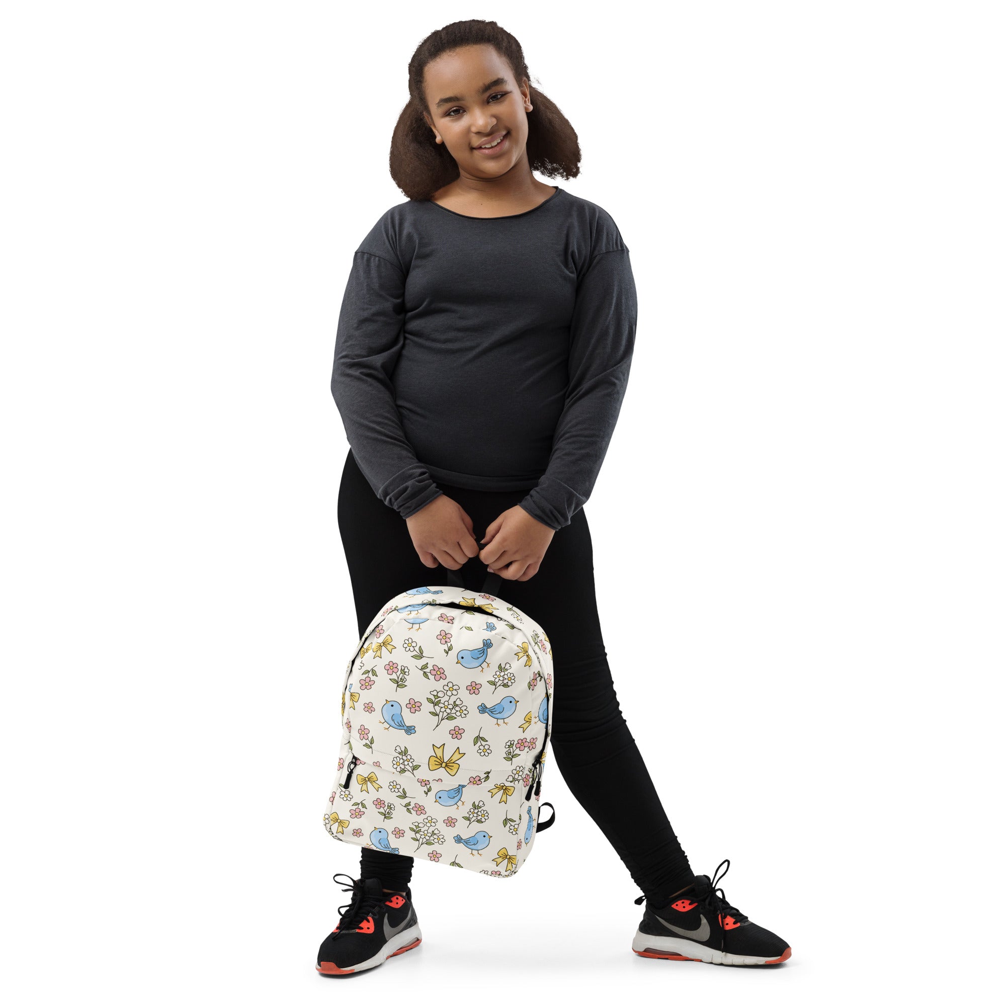 Girls Blue Bird Floral Backpack - Water-Resistant School Bag With Adjustable Padded Straps & Breathable Mesh Back