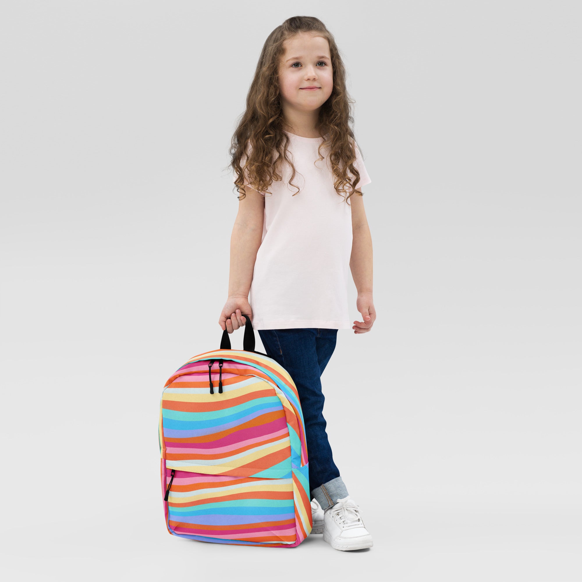 Girls Colorful Wavy Sand Stripe Backpack - Water-Resistant School Bag With Adjustable Padded Straps & Breathable Mesh Back