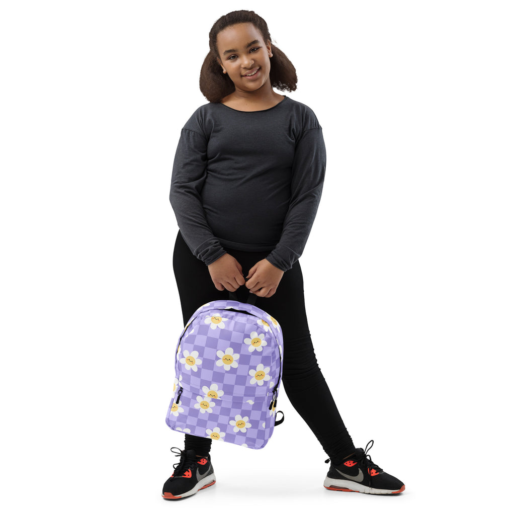 Girls Purple Daisy Checkered Backpack - Water-Resistant School Bag With Adjustable Padded Straps & Breathable Mesh Back