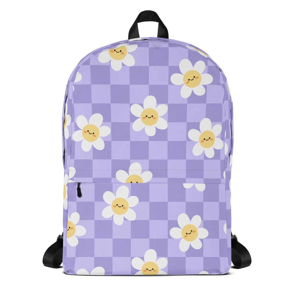 Girls Purple Daisy Checkered Backpack - Water-Resistant School Bag With Adjustable Padded Straps & Breathable Mesh Back