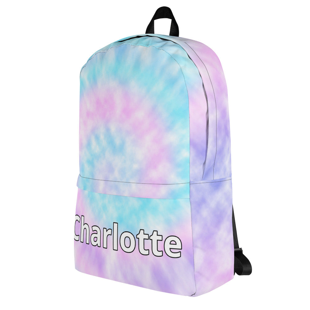 Girls custom name faux tie dye backpack in pastel lavender blue and pink with bold white charlotte name print on front