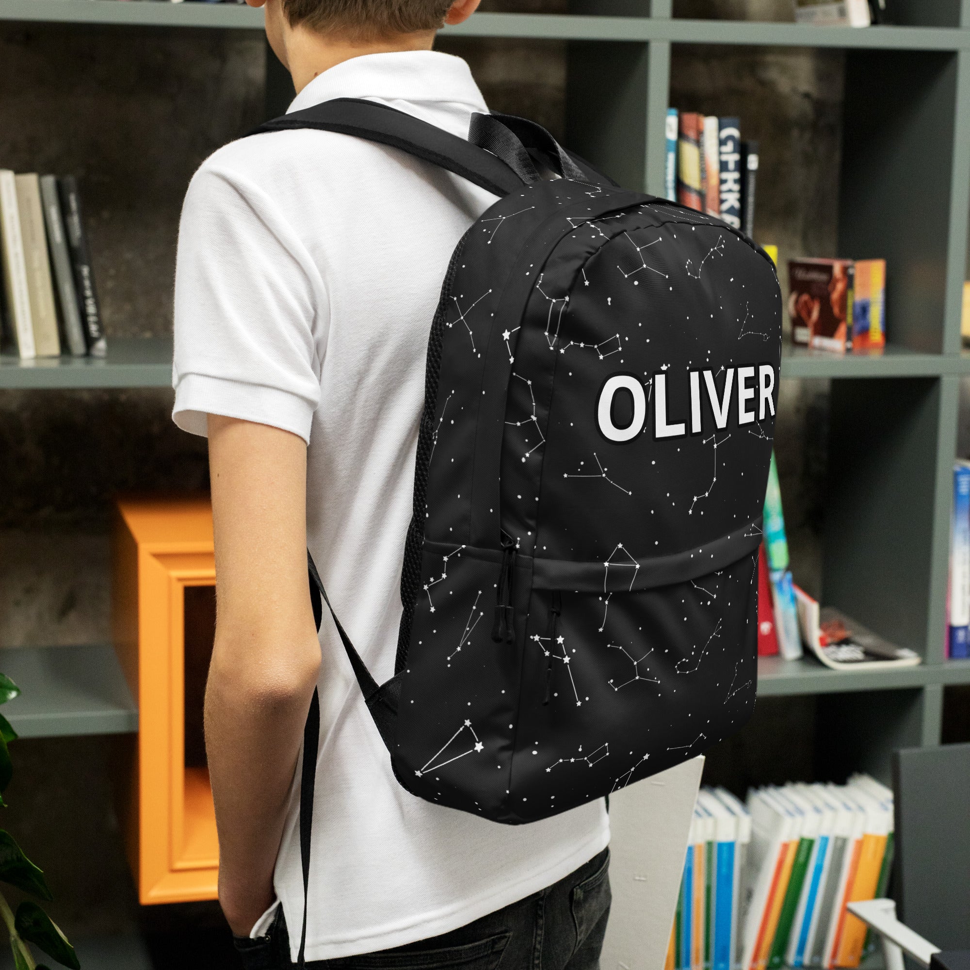 Black kids custom name backpack with white constellation pattern and oliver printed in bold letters on front