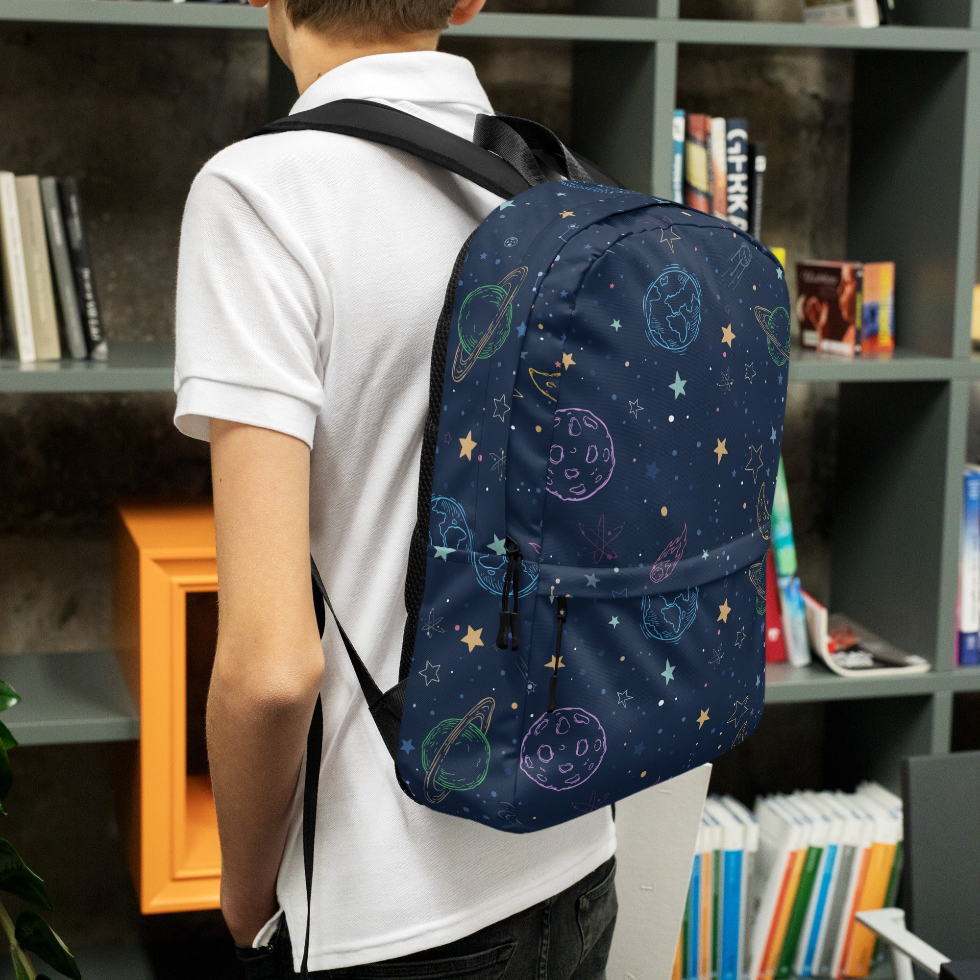 Navy blue kids colorful galaxy space backpack with cosmic design of planets stars and moons in outlined pastel colors