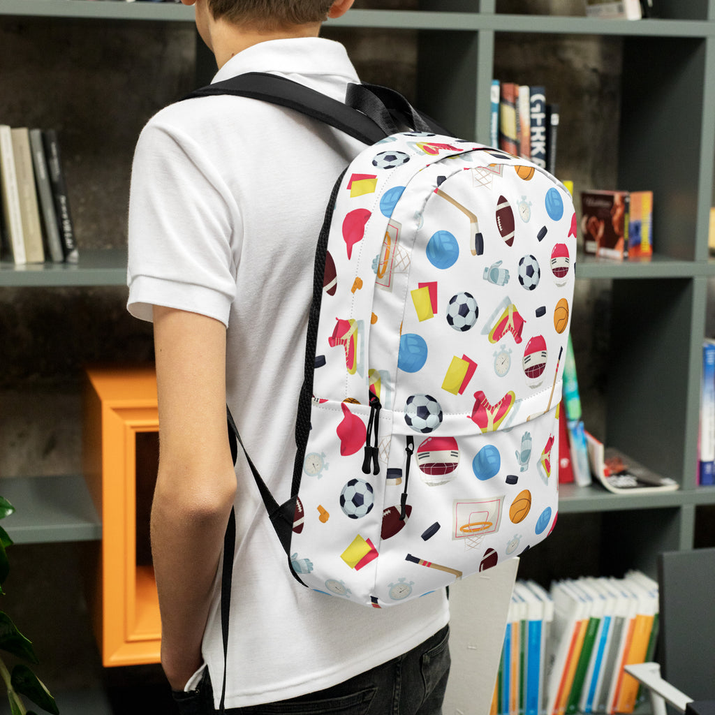 White kids sports themed backpack with colorful graphics and black straps designed for school and sports activities
