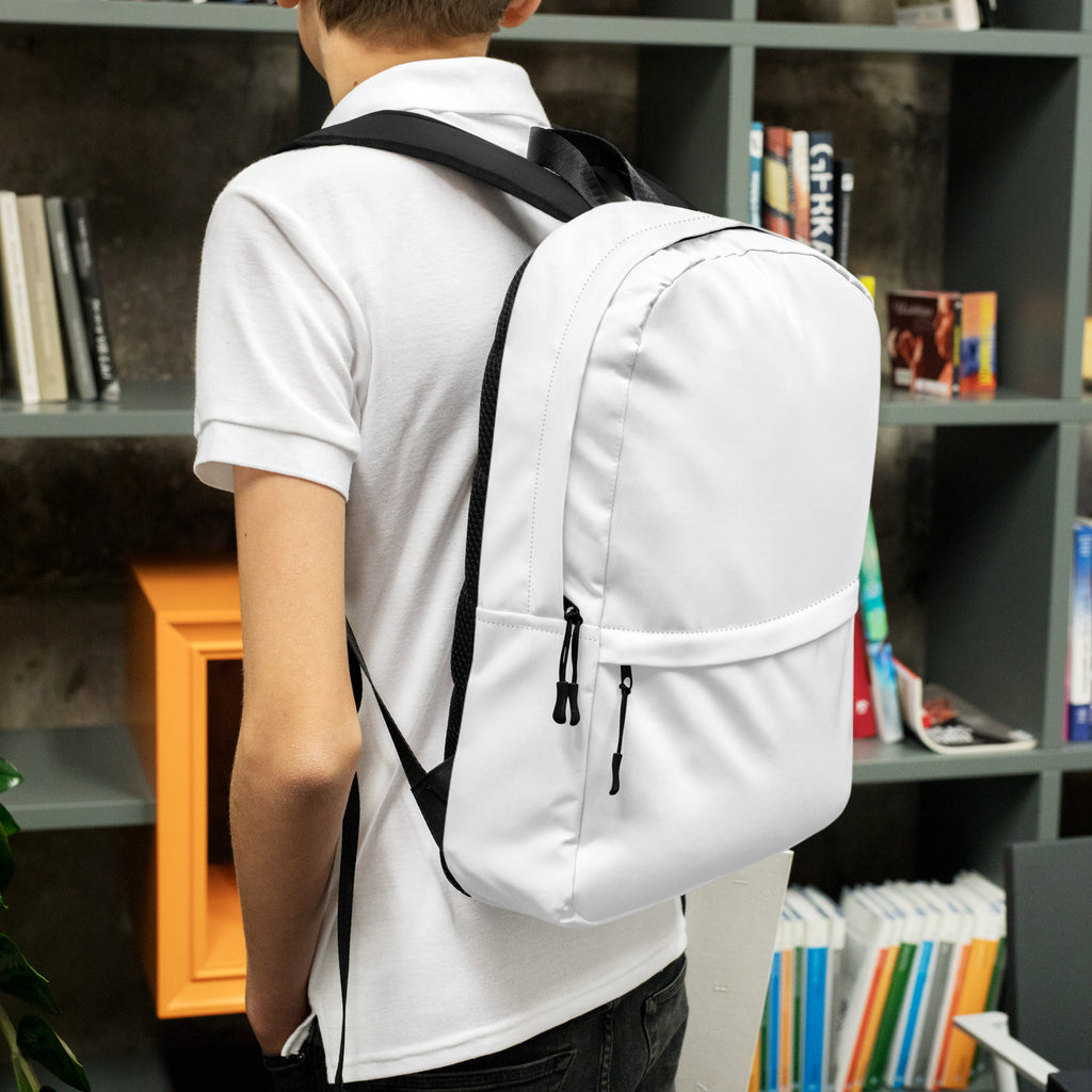 Kids white backpack with black straps and zipper pulls showing front side for school and daily use