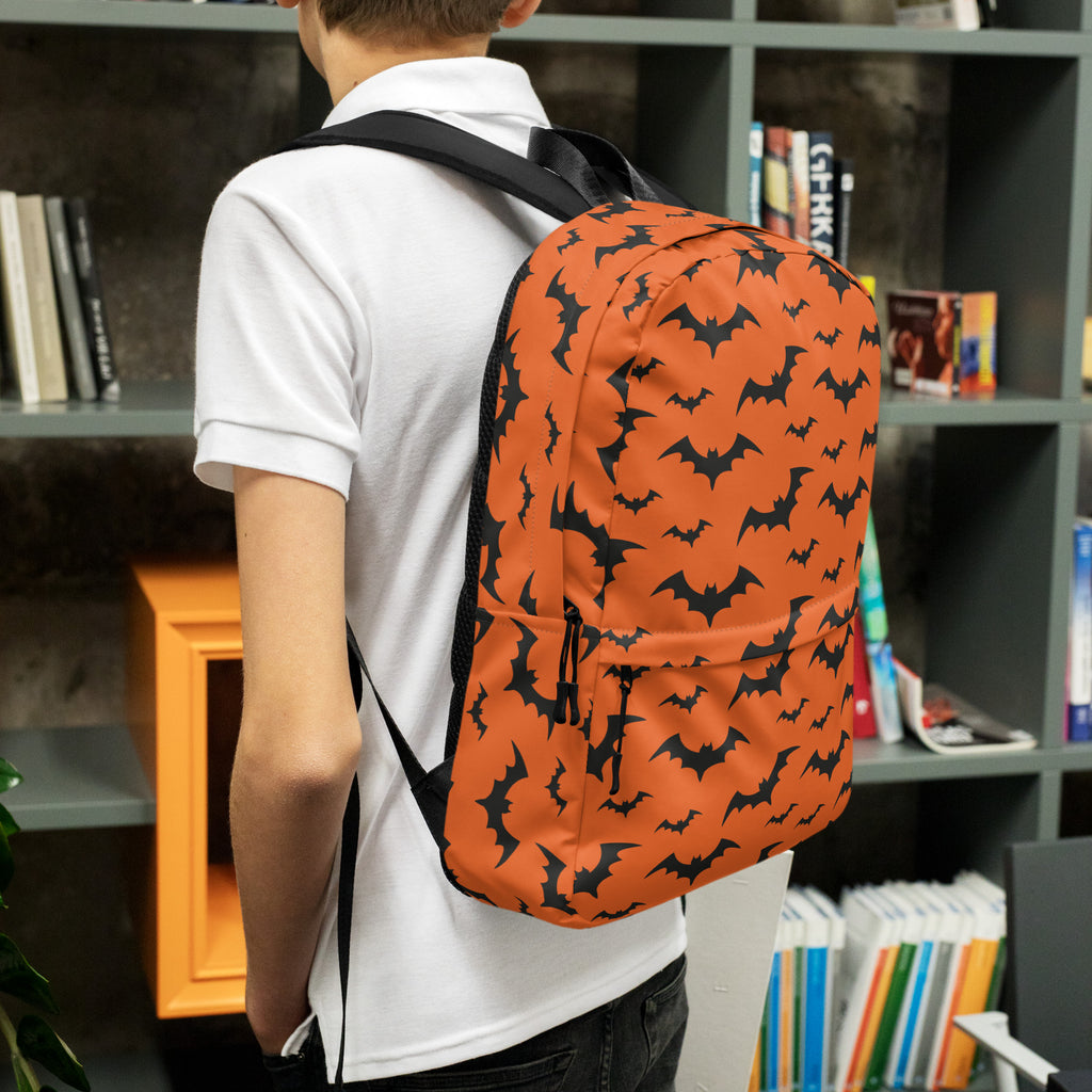 Kids Orange Bats Backpack - Water-Resistant School Bag With Adjustable Padded Straps & Breathable Mesh Back