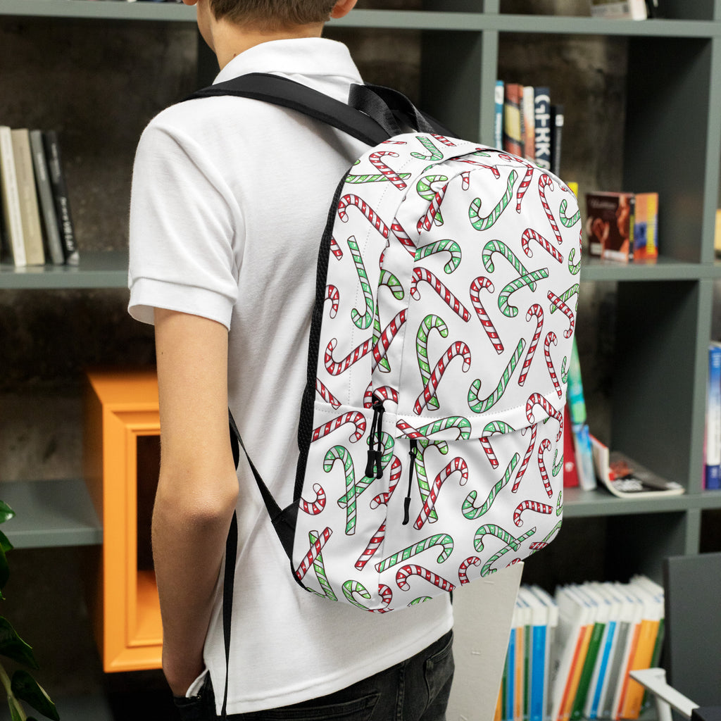 Kids Red & Green Candy Cane Christmas Backpack - Water-Resistant School Bag With Adjustable Padded Straps & Breathable Mesh Back